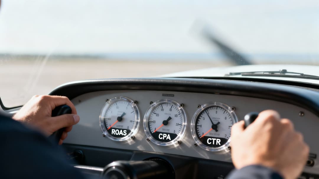 Pilot's hands on airplane controls, dashboard gauges display ROAS, CPA, and CTR metrics.