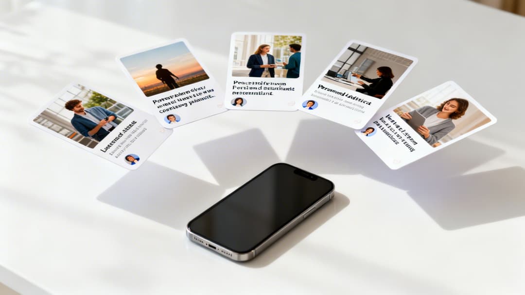 A smartphone on a white table surrounded by five business/profile cards featuring diverse people and text.