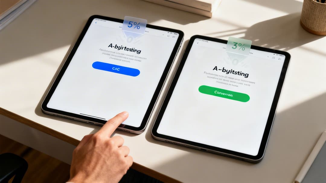 Two tablets display A/B testing results with conversion rates and different colored buttons.