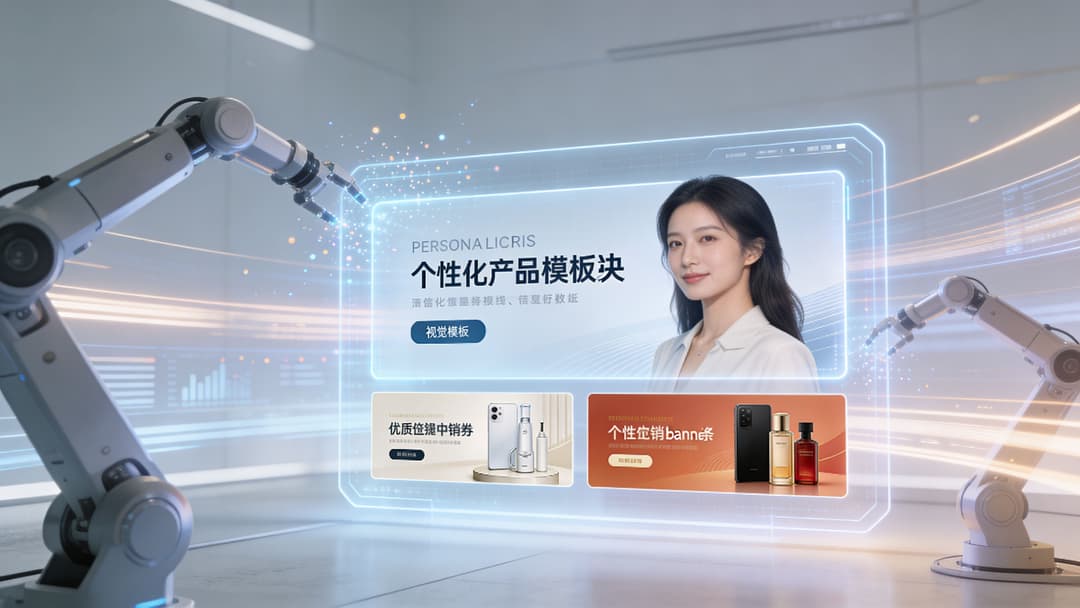 A digital display featuring an AI-generated woman and product templates, managed by futuristic robotic arms in a lab.