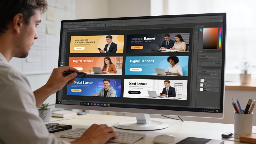 A graphic designer works on a computer screen displaying various digital banner designs for corporate engagement.