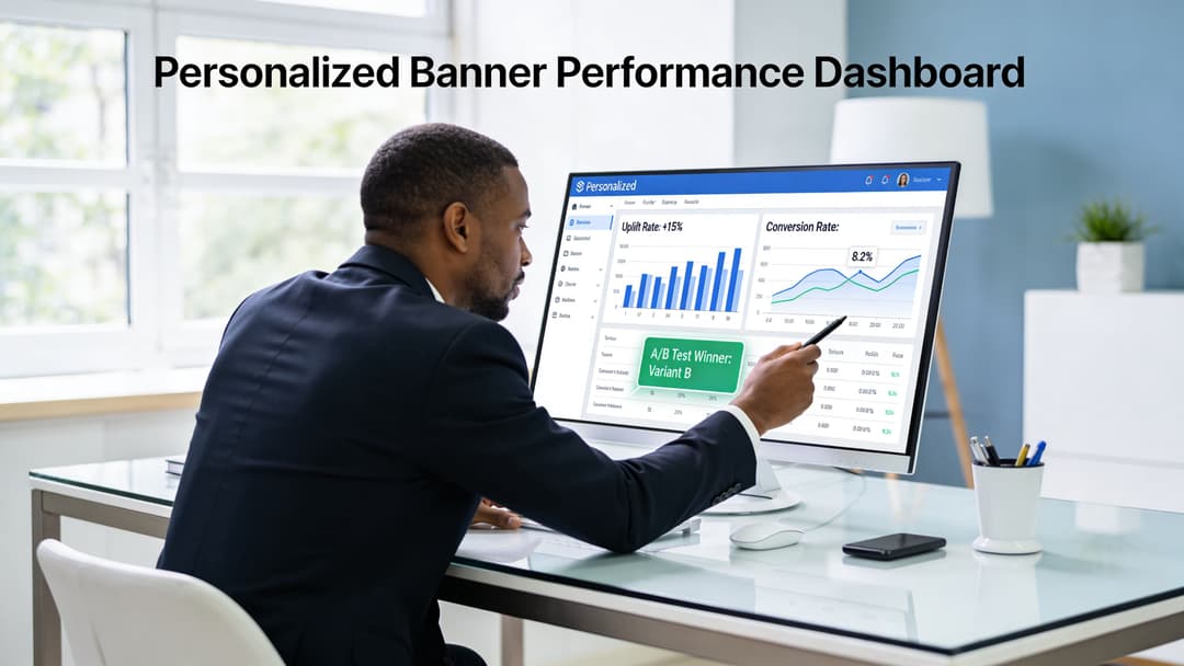 A professional man reviewing personalized banner performance metrics on a computer monitor in a modern office.