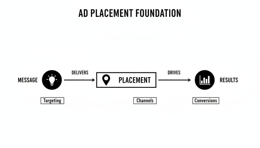 Flowchart showing ad placement process: message with targeting, delivered to placement via channels, driving results and conversions.