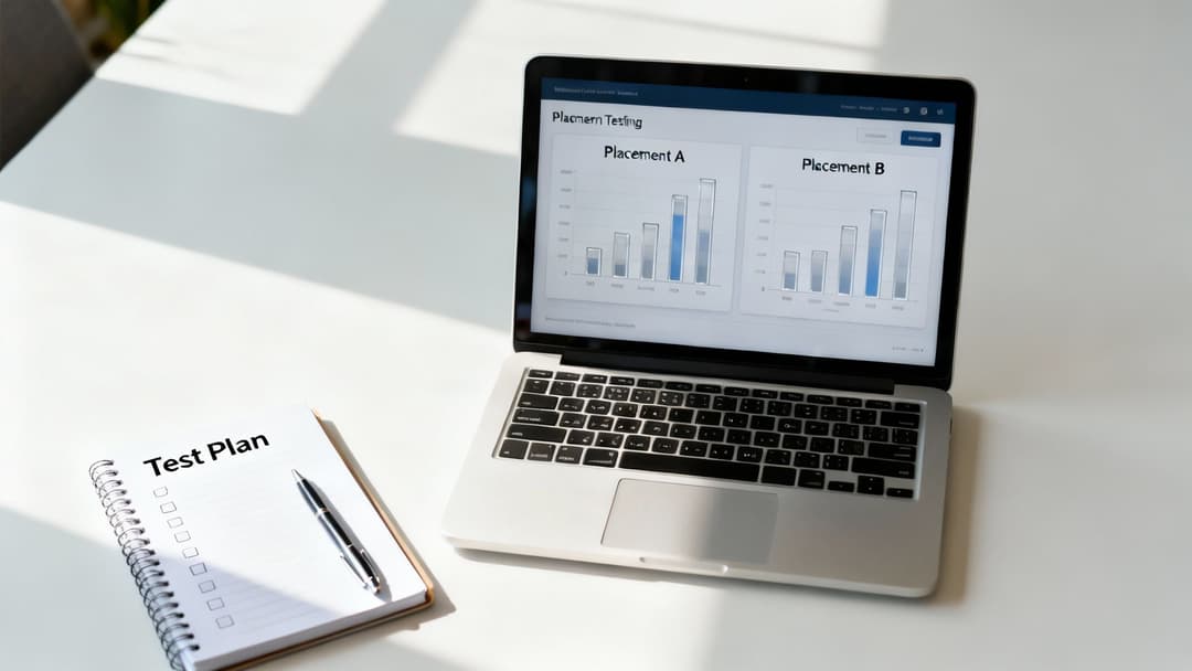 A laptop on a white desk displays 'Placement Testing' with bar charts for A/B comparison. A 'Test Plan' notebook and pen are nearby.
