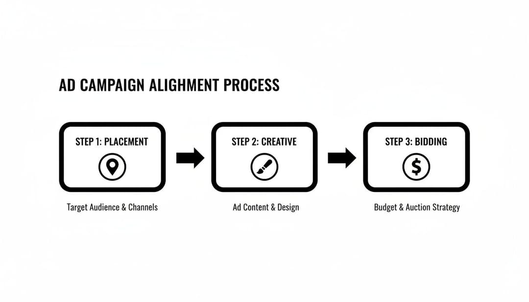 Flowchart outlining the ad campaign alignment process: placement, creative, and bidding steps with descriptions.