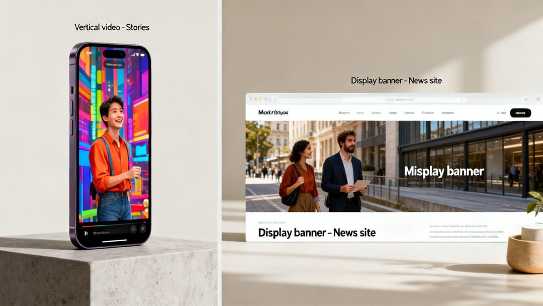 Two digital advertising placements: a vertical video on a smartphone and a display banner on a news website.
