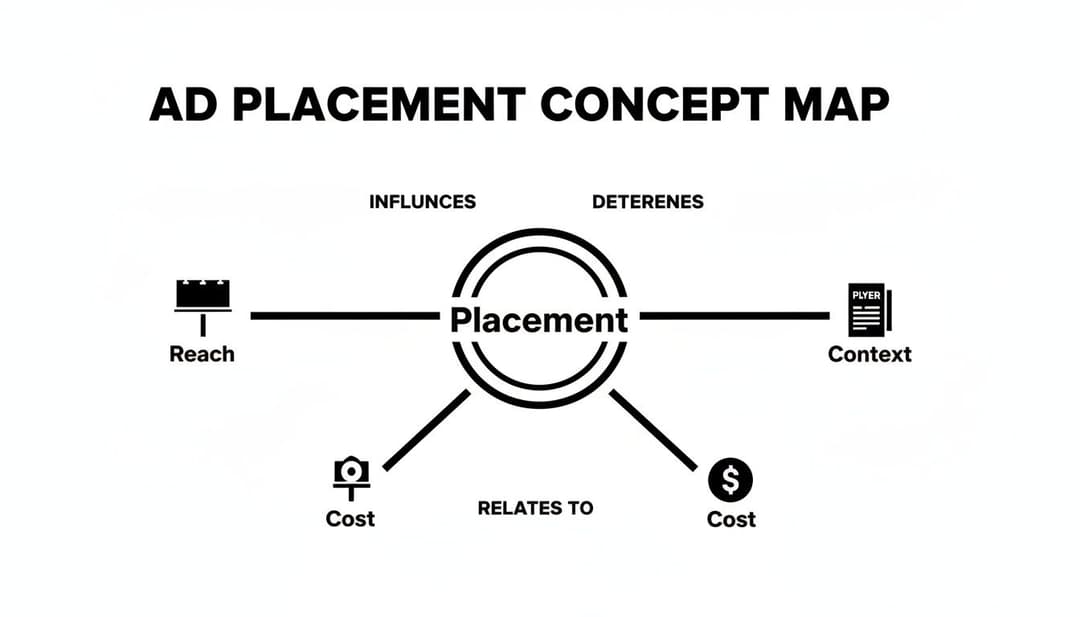 A concept map illustrates ad placement factors, showing influences like reach and context, and relates to cost.