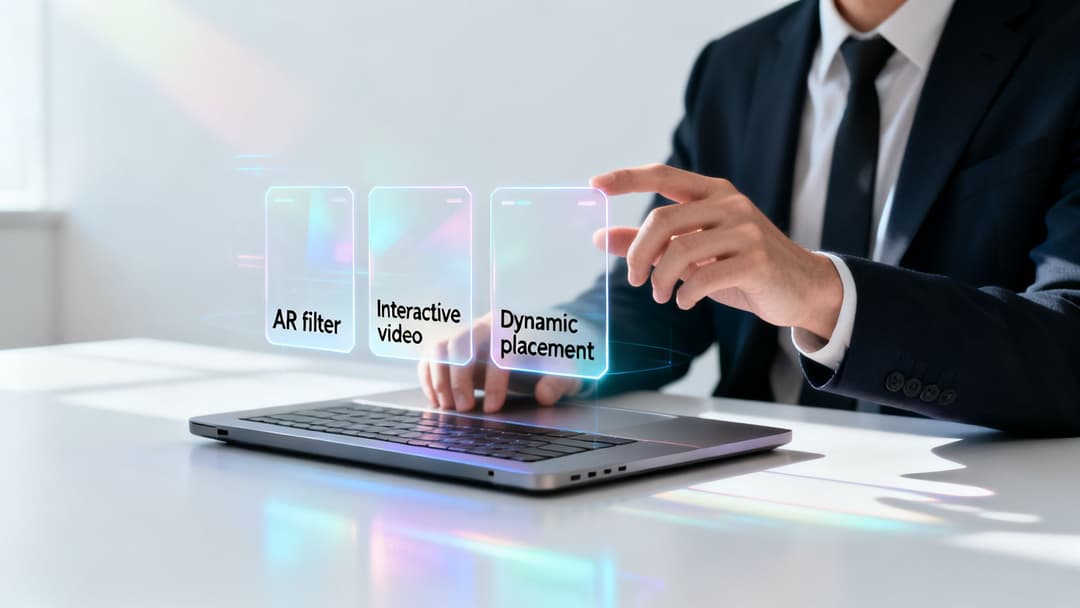 Businessman interacting with holographic screens displaying AR filter, interactive video, and dynamic placement concepts over a laptop.