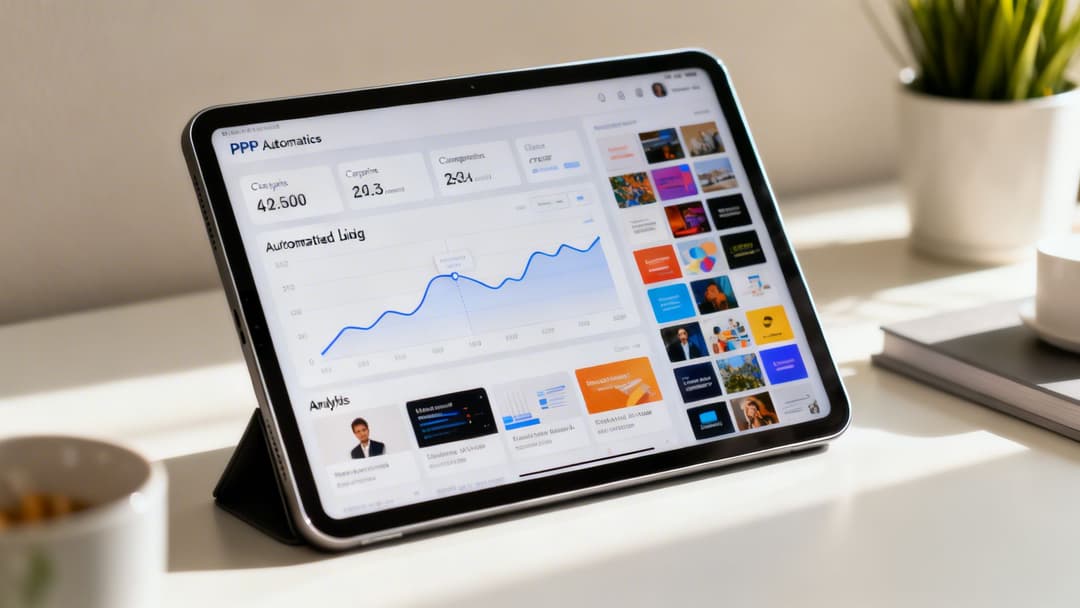 A close-up of a tablet screen displaying a sophisticated PPC advertising dashboard with analytics.