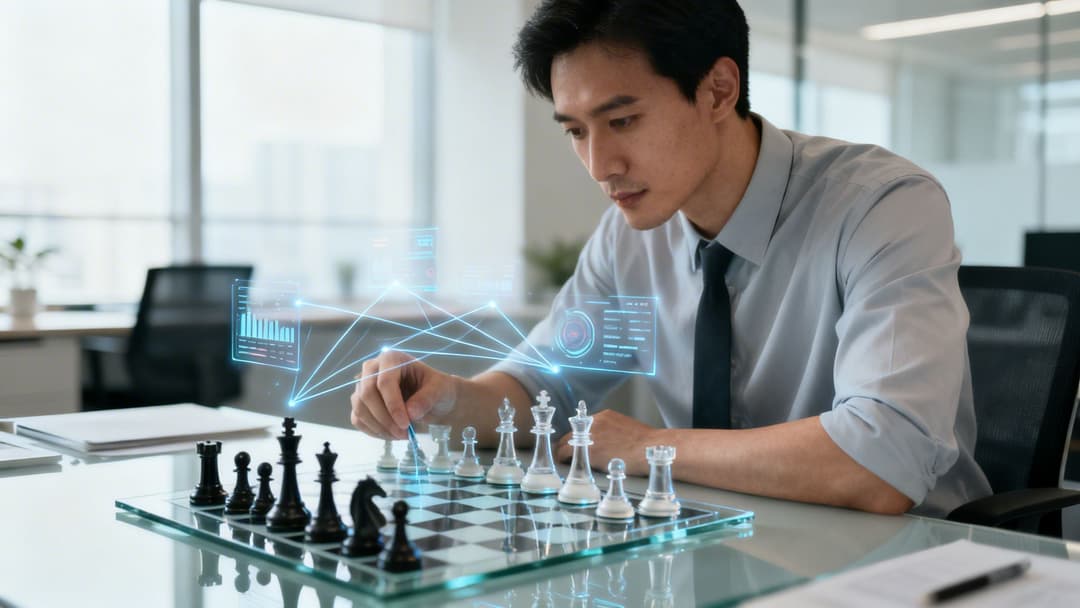 A focused man plays chess with interactive holographic data projections in a modern office setting.