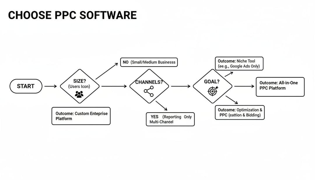 Flowchart illustrating the decision-making process for selecting PPC advertising software based on business size, channels, and marketing goals.