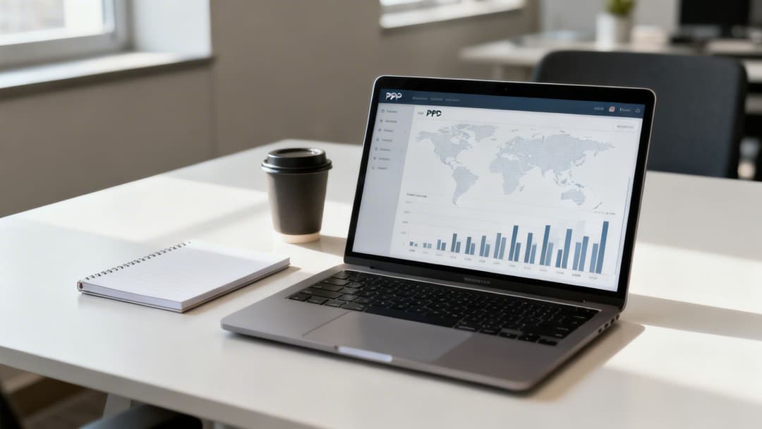 A laptop on a white desk displays PPC advertising software with a world map and bar charts, next to a coffee cup and notebook.