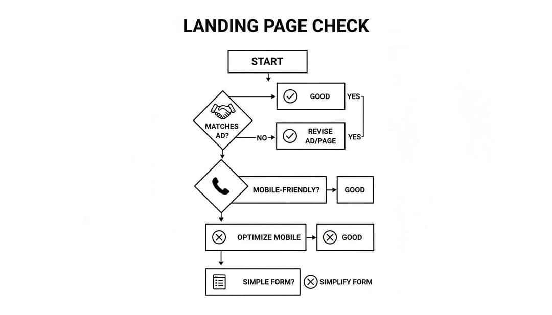 Flowchart detailing a landing page check process, covering ad match, mobile-friendliness, and form optimization.
