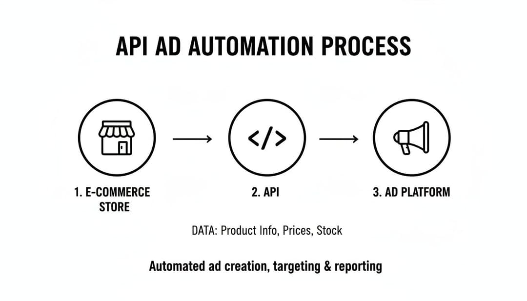 Diagram illustrating the API ad automation process, from e-commerce store data through API to ad platforms.