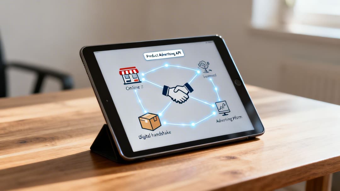 A tablet on a wooden table displays a diagram of a product advertising API network.