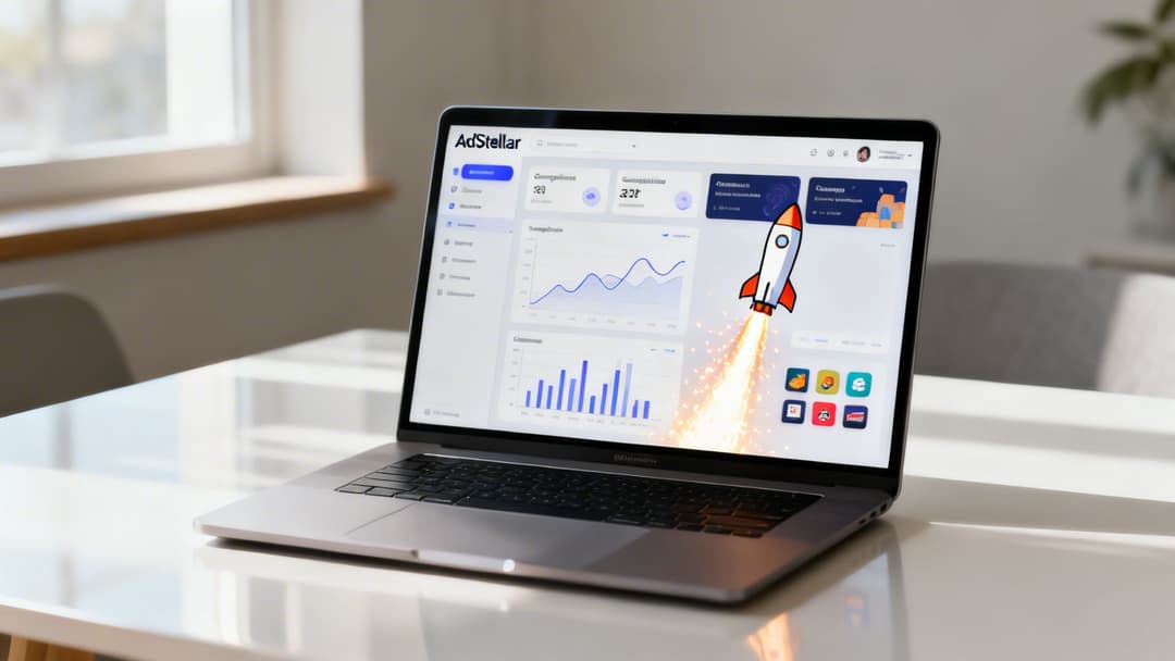 A laptop displaying the AdStellar dashboard with graphs, charts, and a launching rocket animation.