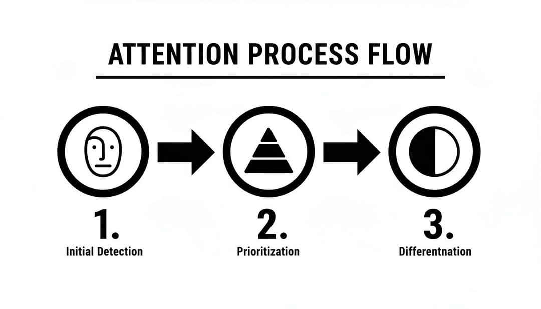 A three-step diagram illustrates the attention process flow: Initial Detection, Prioritization, and Differentiation.