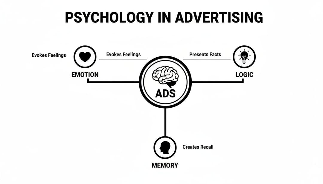 A diagram illustrating how psychology, involving emotion, logic, and memory, impacts advertising (ads).