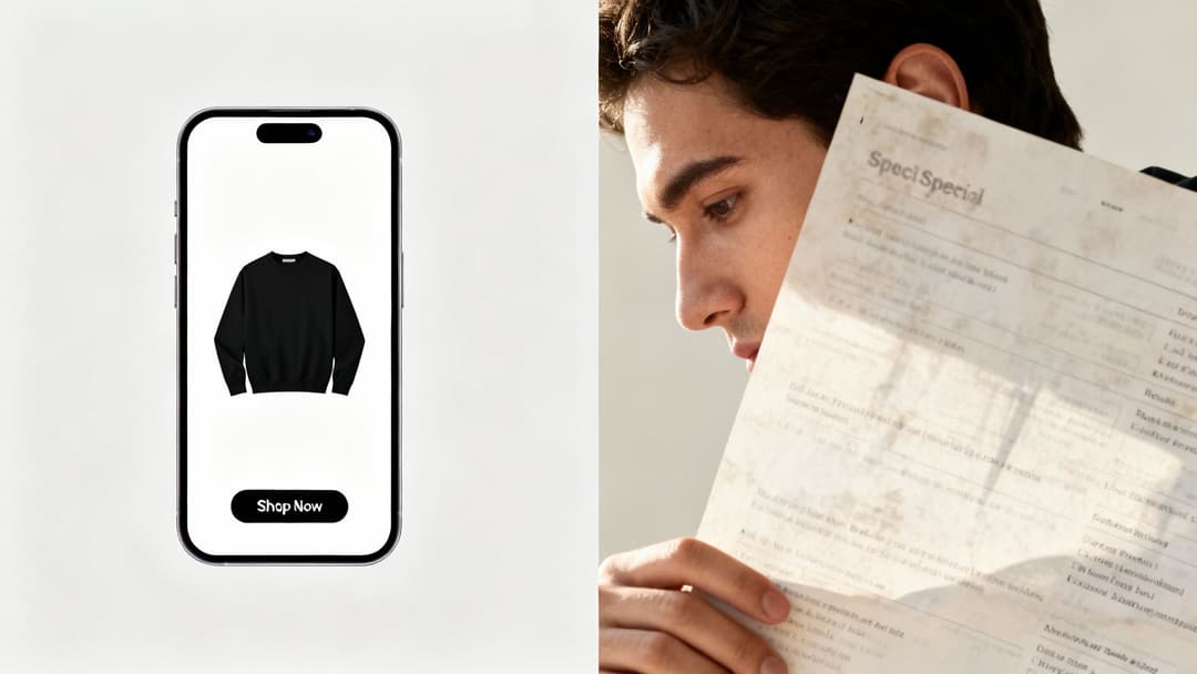 A man studies a document while a phone displays an online store with a black sweater and 'Shop Now' button.