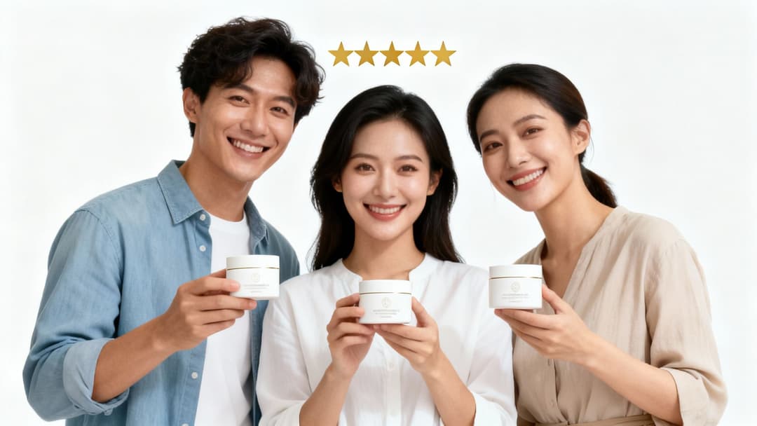 Three smiling Asian people happily holding white jars of skincare products with a 5-star rating.