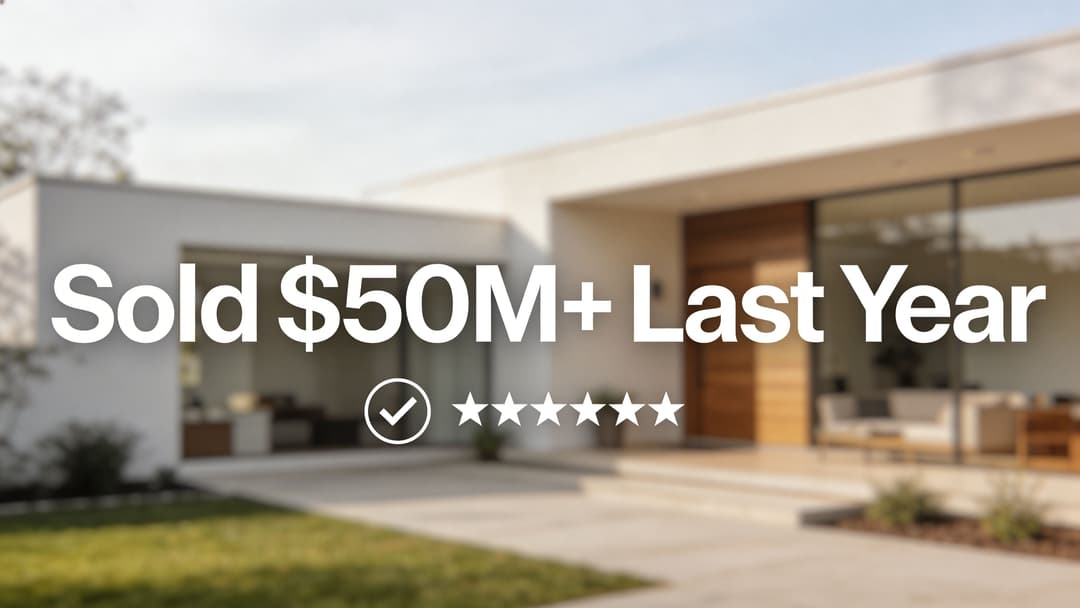 A modern luxury house exterior with text overlaying stating that fifty million dollars was sold last year.