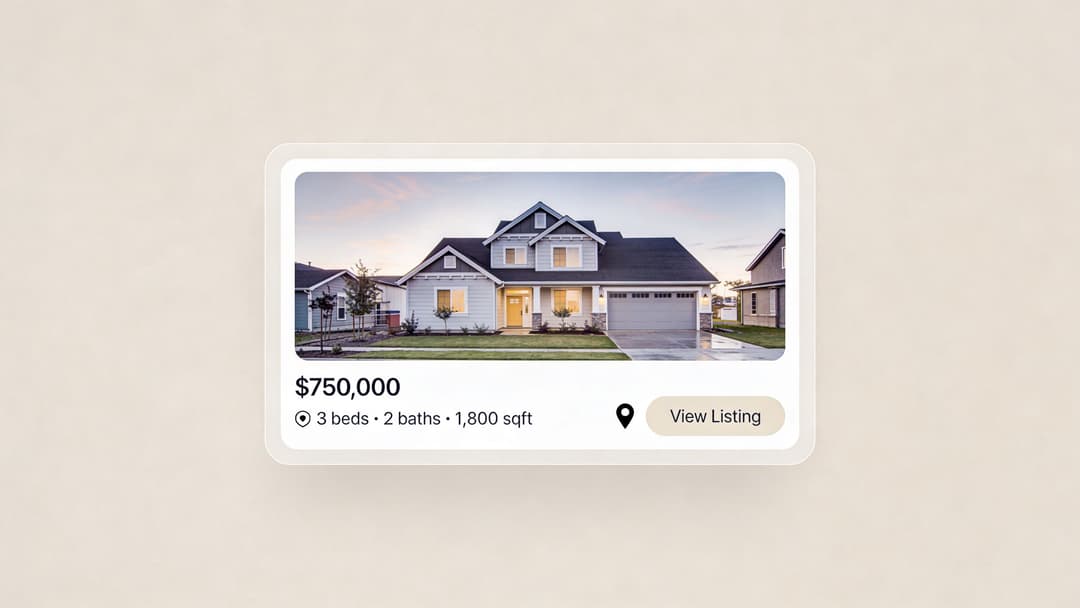 A real estate advertisement showing a single-family house with price, bedroom, bathroom, and square footage details.