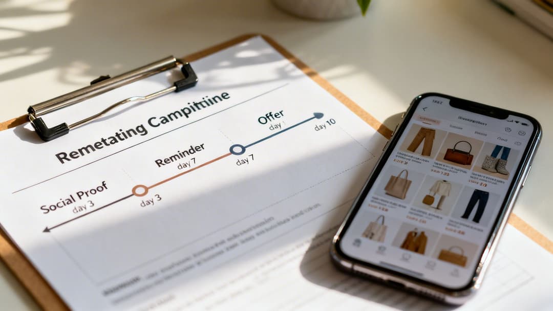 A marketing campaign timeline on a clipboard next to a smartphone showing an e-commerce app with fashion products.