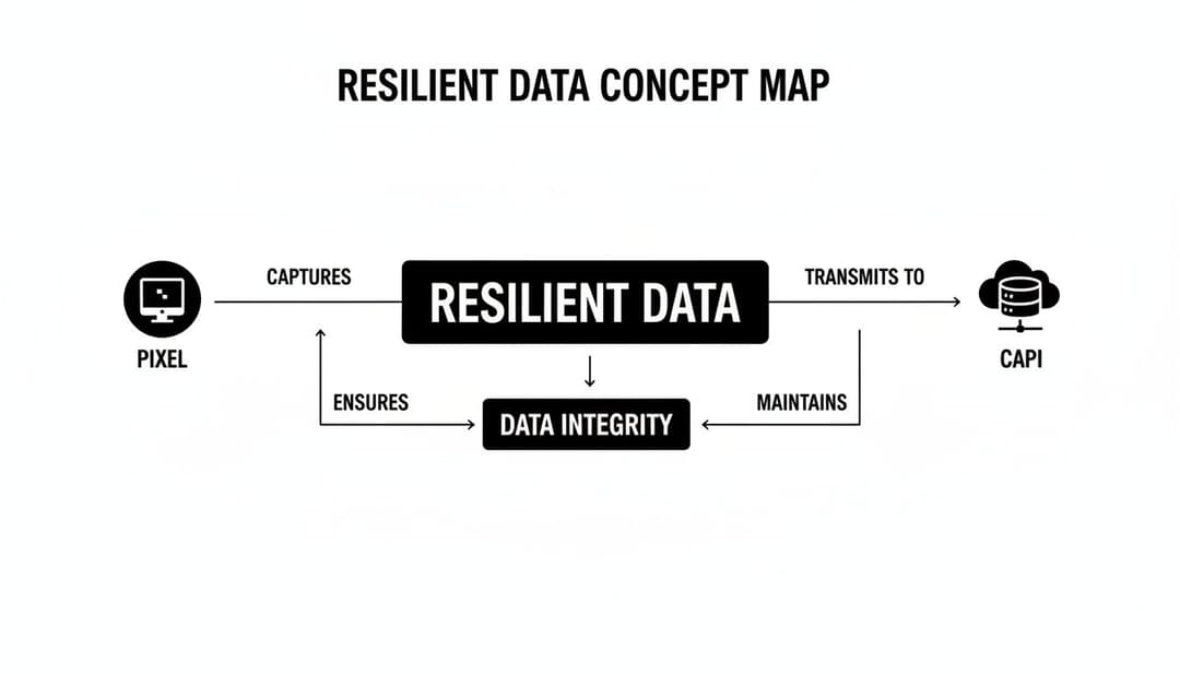 A concept map illustrating resilient data flow from pixel to CAPI, emphasizing data integrity.