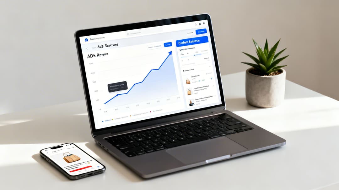 Laptop and smartphone display marketing dashboards with ads revenue growth and product audiences on a modern desk.