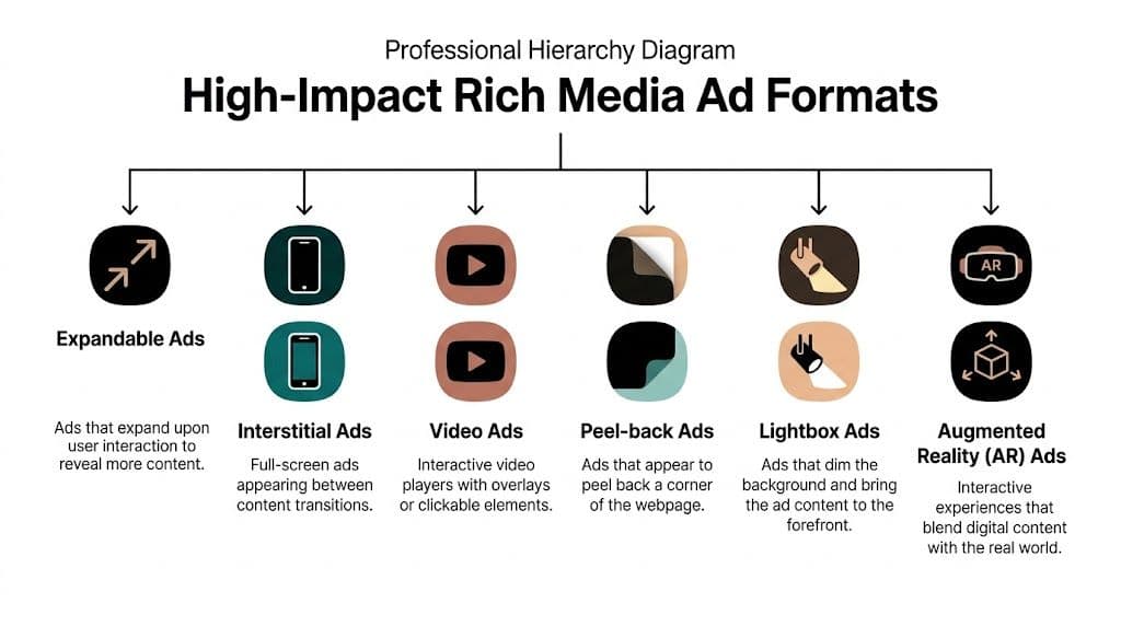 A professional hierarchy diagram listing six high-impact rich media ad formats including examples and brief descriptions.