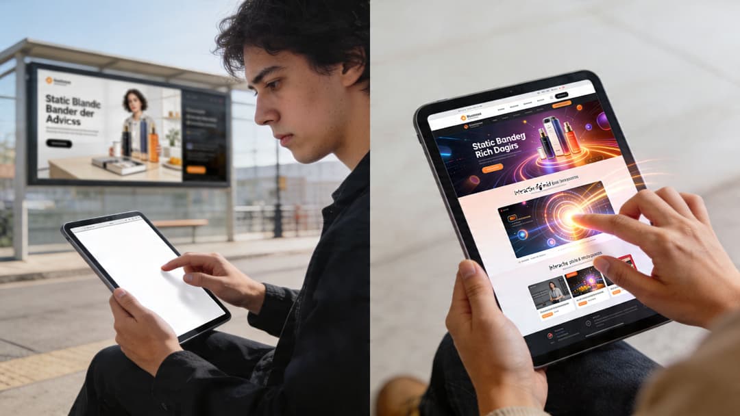 A person uses a tablet to interact with digital and billboard rich media advertising content outdoors.