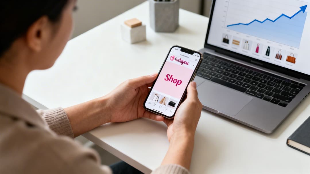 Person holding a smartphone displaying Instagram Shop, with a laptop showing a sales growth chart and products in the background.