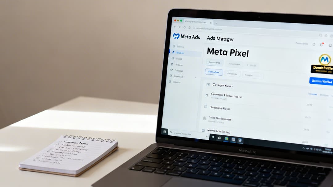 A laptop displaying Meta Ads Manager and Meta Pixel interface, with a notepad showing campaign names.