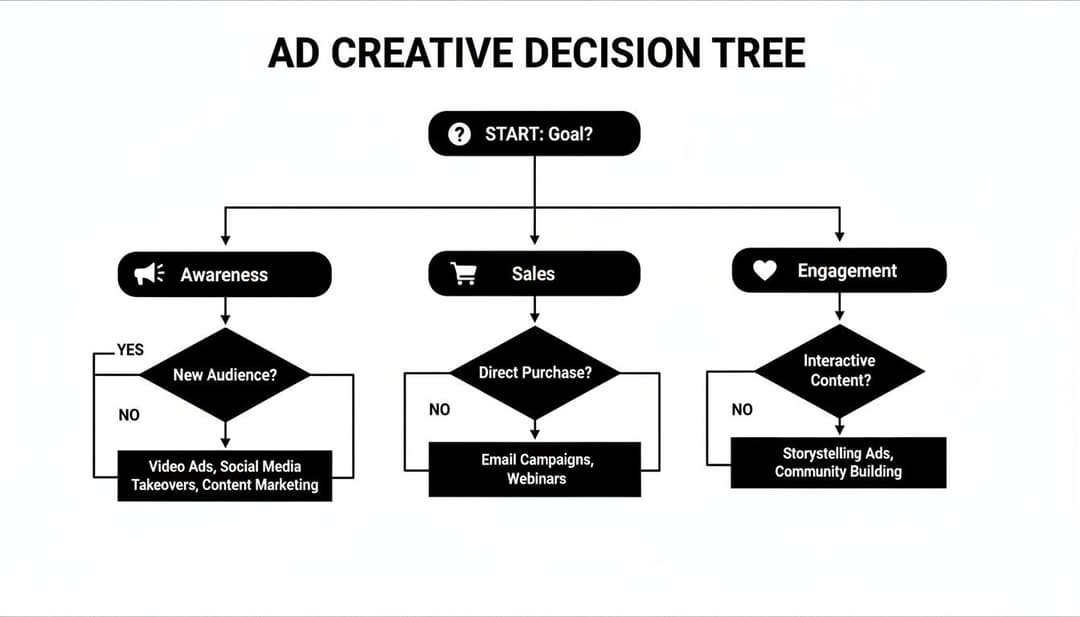 Flowchart illustrating an ad creative decision tree based on goals: Awareness, Sales, and Engagement.