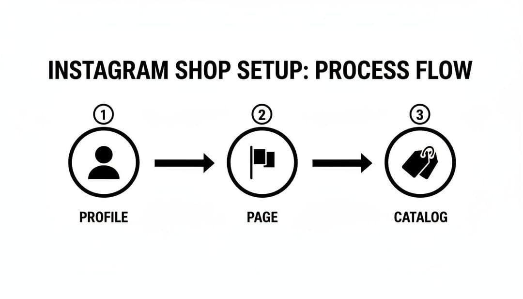Diagram showing the Instagram Shop setup process: Profile, Page, and Catalog with connecting arrows.