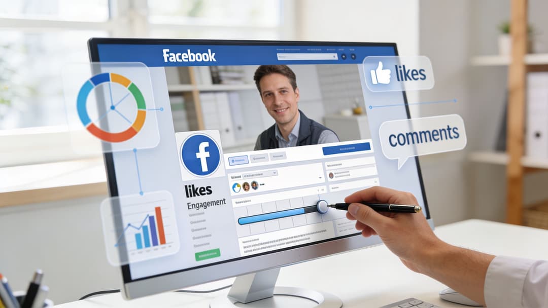 A hand using a stylus on a computer screen showing Facebook engagement metrics and analytics.