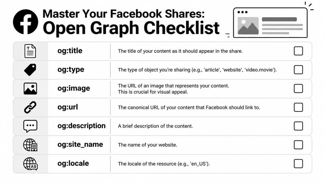 A Facebook Open Graph checklist infographic detailing essential meta tags for optimizing website content sharing on social media.