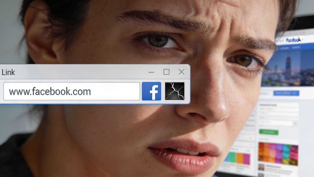 A worried young woman looking at a computer screen showing a broken Facebook website link error.