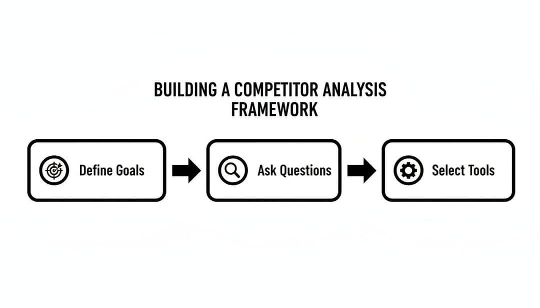 Flowchart outlining three steps to build a competitor analysis framework: define goals, ask questions, select tools.