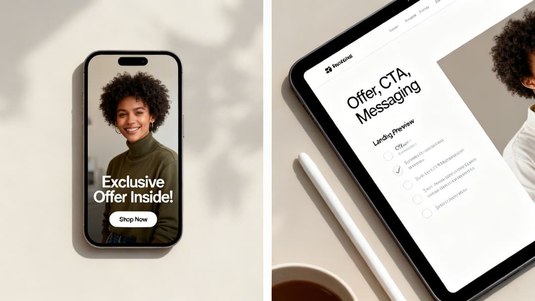A smartphone displaying an exclusive offer and a tablet showing a marketing landing page preview.