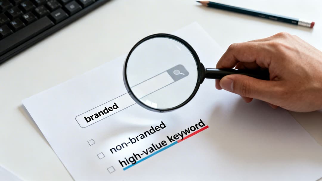 A hand holds a magnifying glass over a document showing SEO terms like branded and high-value keyword.