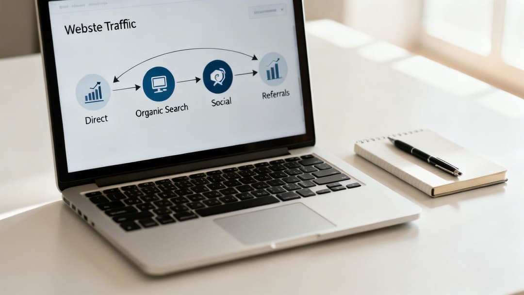 Laptop screen displaying a 'Website Traffic' diagram with direct, organic, social, and referral sources.