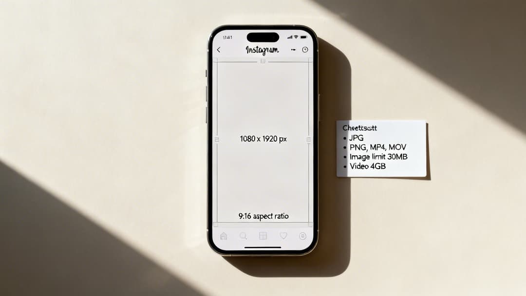 An iPhone displaying Instagram story dimensions (1080x1920px) and a card with file types and limits.