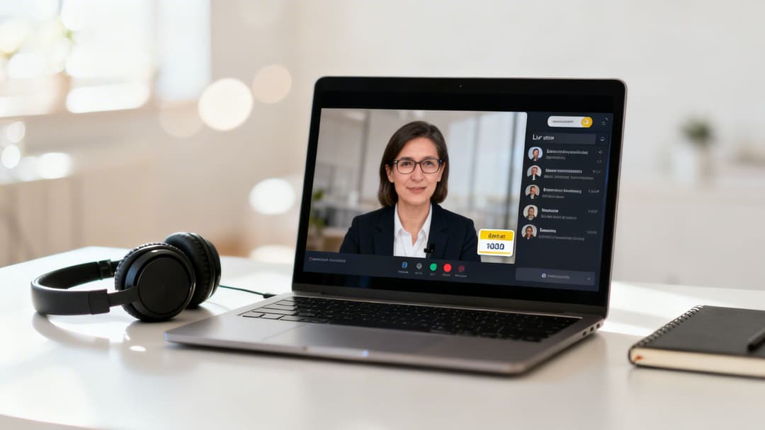 Professional woman speaking on a video call displayed on a laptop, with headphones on a white desk.