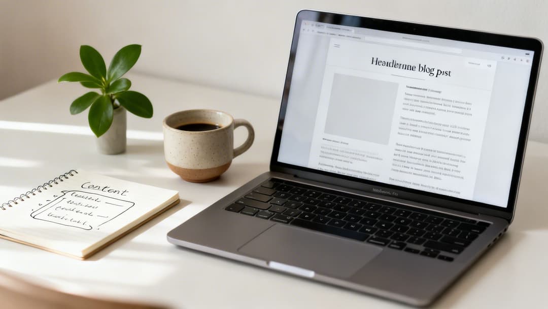 Modern workspace with a laptop displaying a blog post, coffee mug, green plant, and notebook.