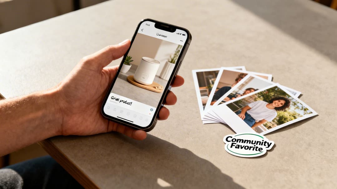 A hand holds a smartphone displaying a product review, next to scattered photos and a 'Community Favorite' sticker on a table.
