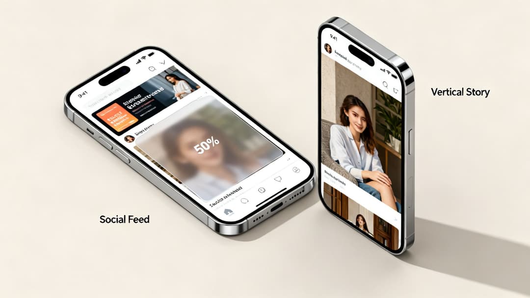 Two modern smartphones displaying social media content: a horizontal social feed and an upright vertical story.