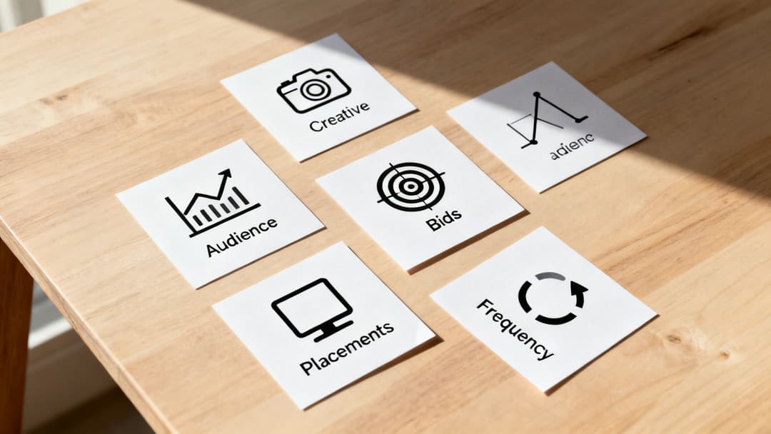 Cards on a wooden table display digital marketing concepts: Creative, Audience, Bids, Placements, and Frequency.