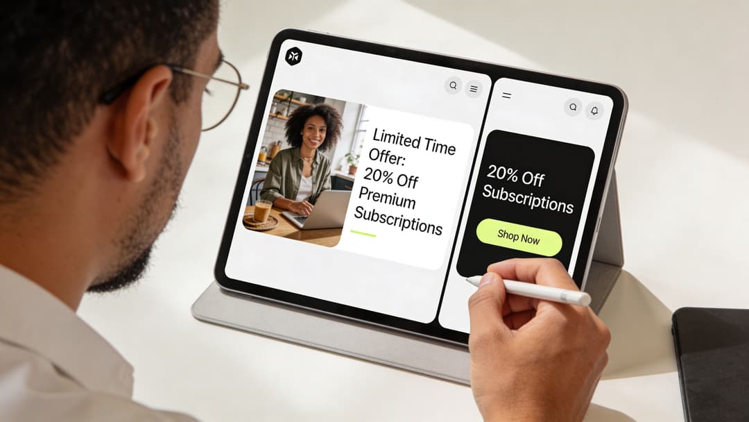 A person using a stylus on a tablet showing a 20 percent off subscription advertisement.