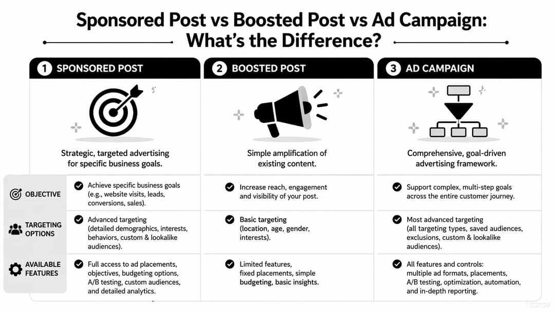 A comparison chart explaining the differences between sponsored posts, boosted posts, and ad campaigns for marketing.